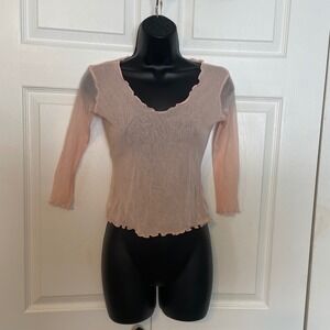 Sheer Mesh Lettuce Hem Shirt Women Small Pink 3/4 Sleeve Balletcore Dainty Top